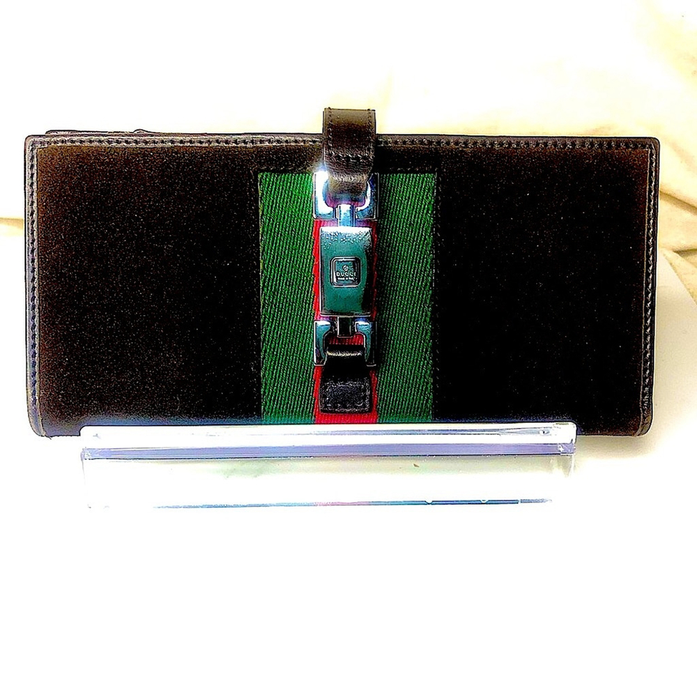 GUCCI Brown Suede Jackie Wallet with Red and Green Sherryline Stripe